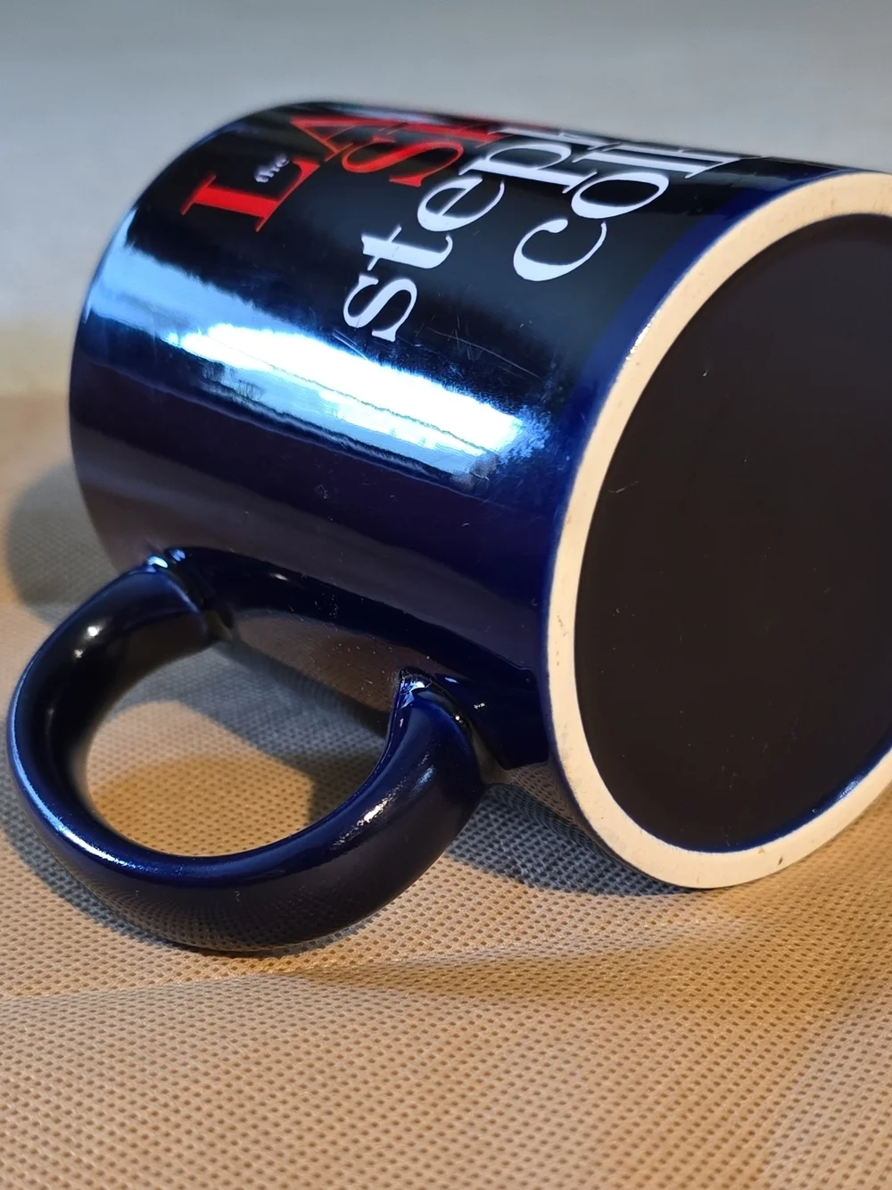 Navy Blue Ceramic Mug with Bold Red & White Text